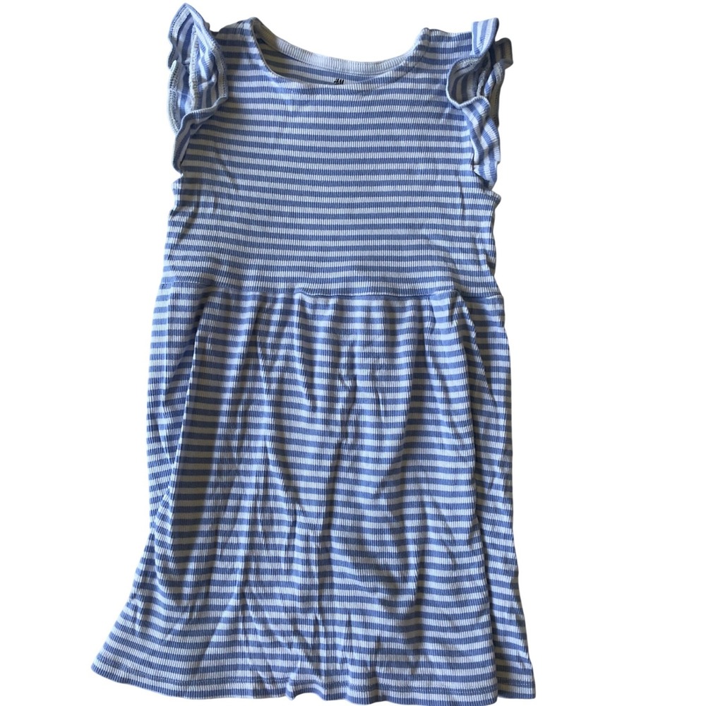 HM Girls Blue White Striped Ribbed Flutter Sleeve Dress Size 5-6Y